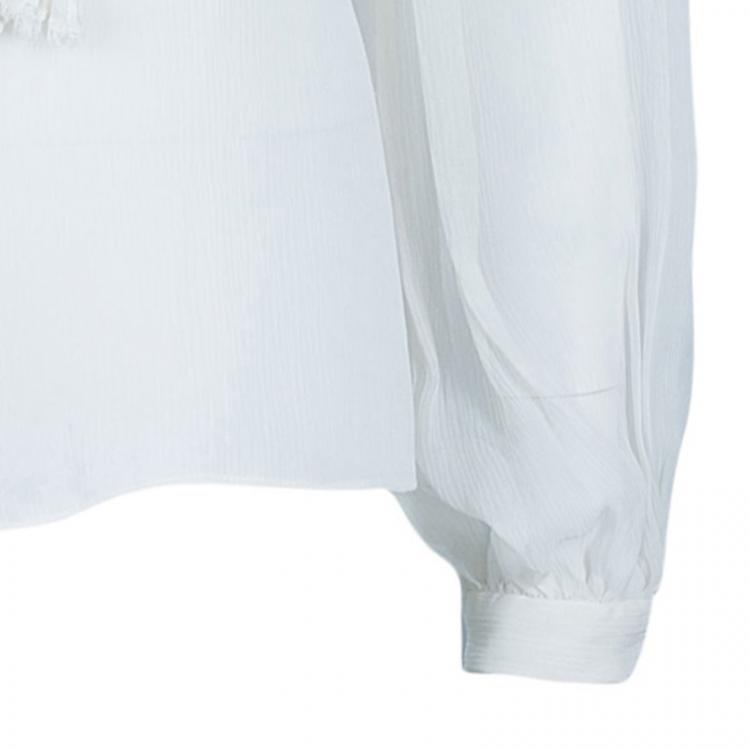Pre Owned Oscar de la Renta White Crinkle Chiffon Top S