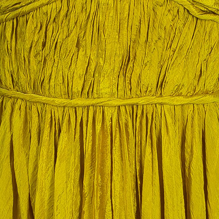 Pre Owned Oscar de la Renta Yellow Crushed Silk Strapless Gown S