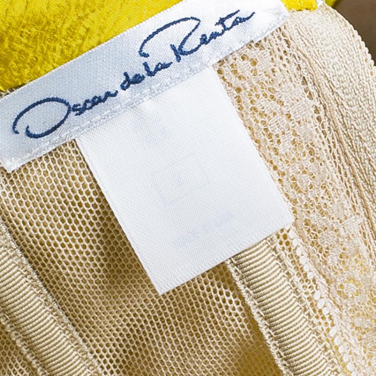 Pre Owned Oscar de la Renta Yellow Crushed Silk Strapless Gown S
