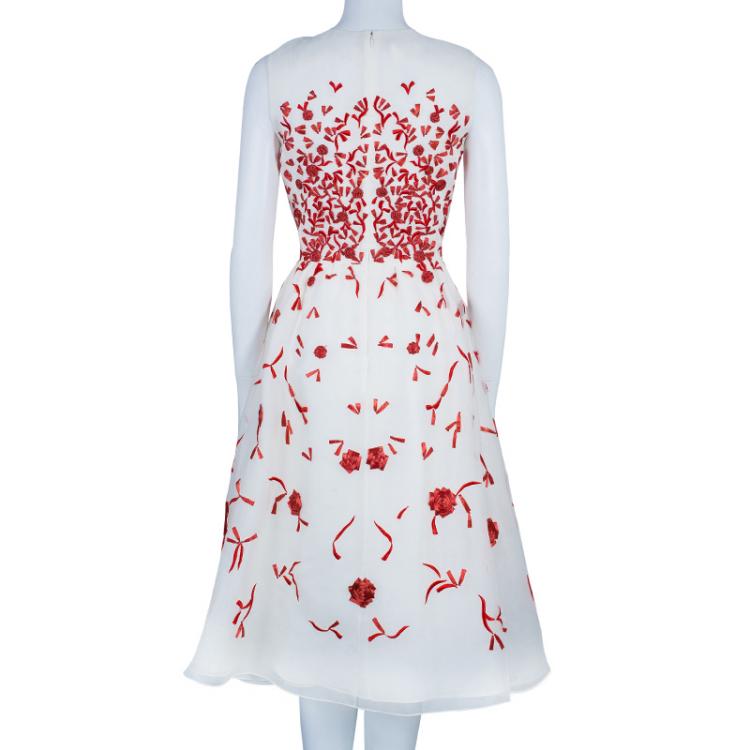 Pre Owned Oscar De La Renta White Organza Embellished Dress S