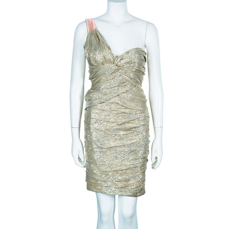 Pre Owned Oscar de la Renta Gold One Shoulder Dress M