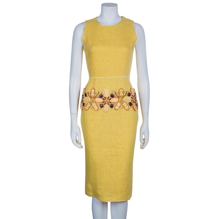 Pre Owned Oscar de la Renta Yellow Linen Embellished Waist Dress M