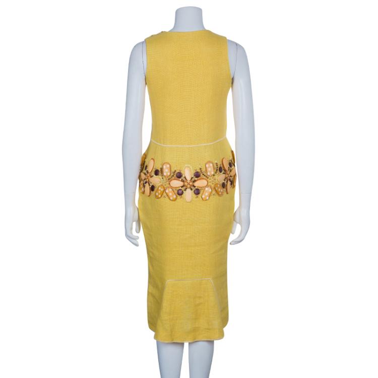Pre Owned Oscar de la Renta Yellow Linen Embellished Waist Dress M