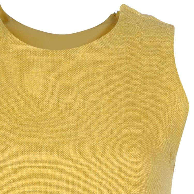 Pre Owned Oscar de la Renta Yellow Linen Embellished Waist Dress M