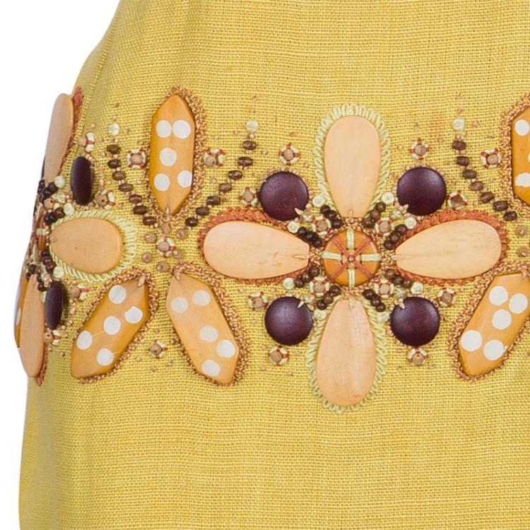 Pre Owned Oscar de la Renta Yellow Linen Embellished Waist Dress M