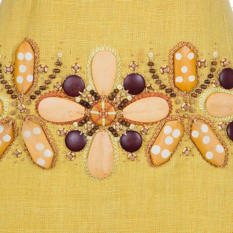 Pre Owned Oscar de la Renta Yellow Linen Embellished Waist Dress M