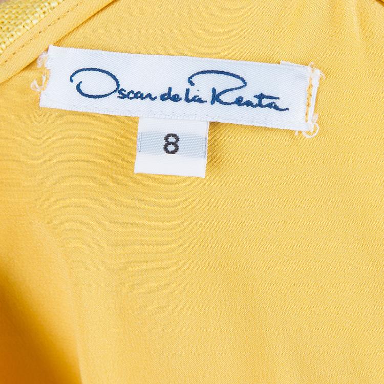 Pre Owned Oscar de la Renta Yellow Linen Embellished Waist Dress M