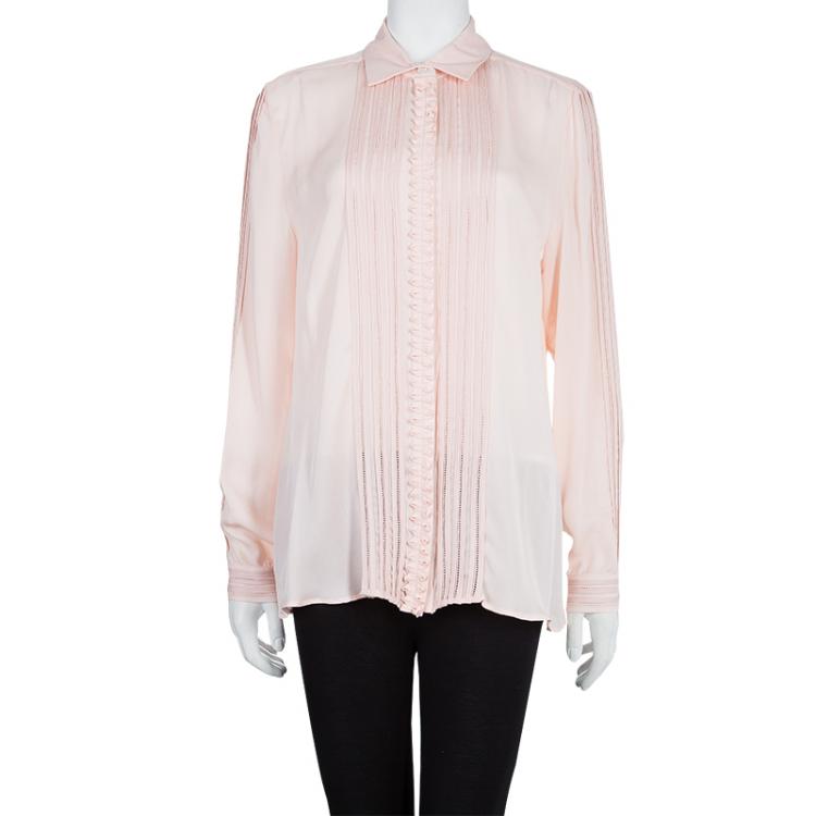 مملوكة مسبقًا Oscar De La Renta Blush Pink Lace Insert Detail Pintucked Silk Shirt L
