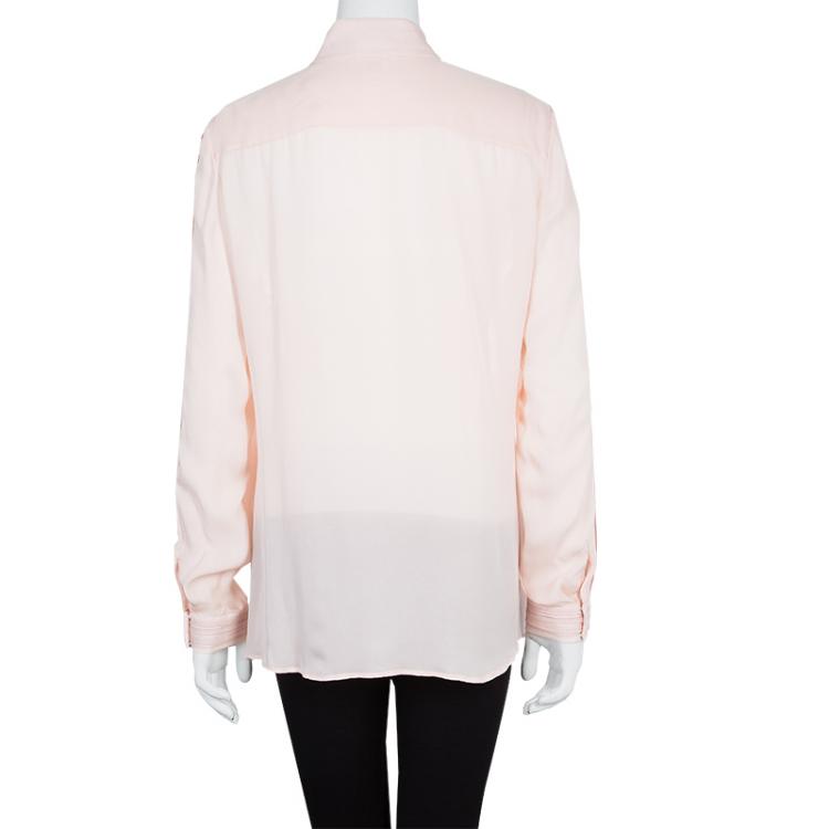 مملوكة مسبقًا Oscar De La Renta Blush Pink Lace Insert Detail Pintucked Silk Shirt L
