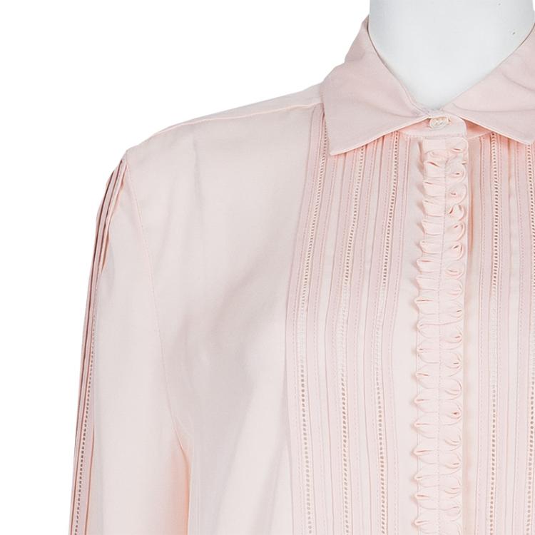 مملوكة مسبقًا Oscar De La Renta Blush Pink Lace Insert Detail Pintucked Silk Shirt L
