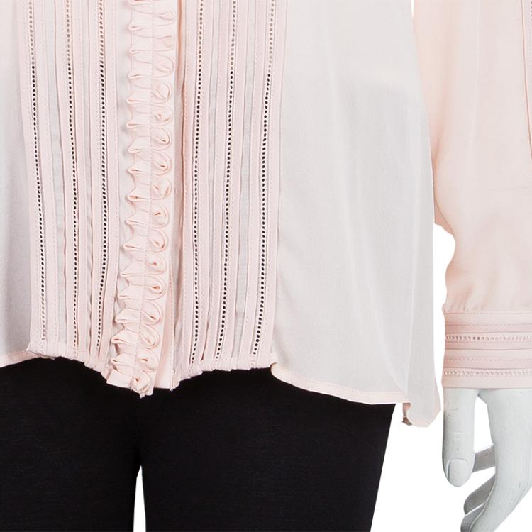 مملوكة مسبقًا Oscar De La Renta Blush Pink Lace Insert Detail Pintucked Silk Shirt L