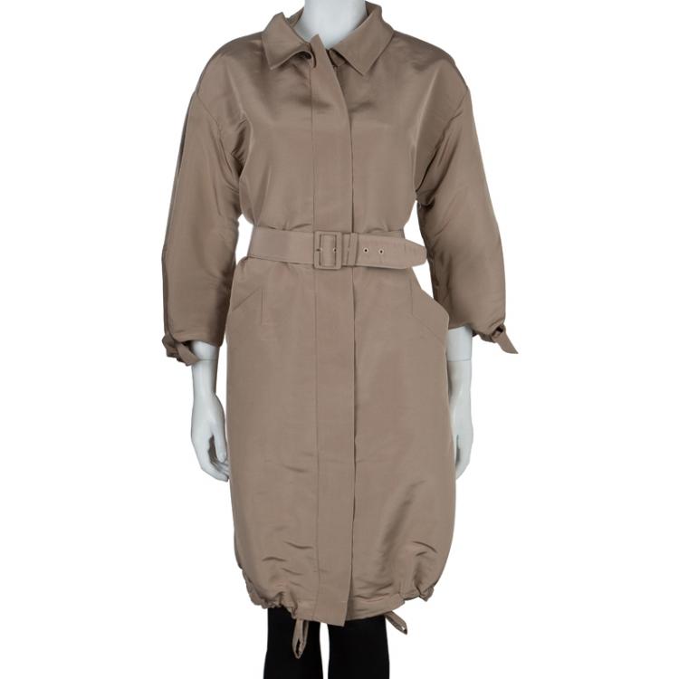 Pre Owned Oscar De La Renta Brown Silk Belted Overcoat L