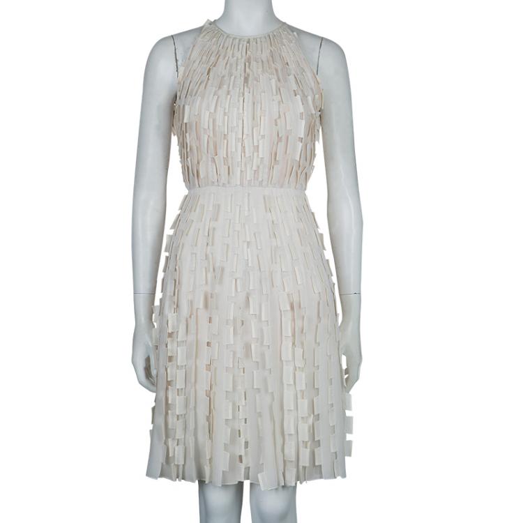 Pre Owned Oscar de la Renta Cream Silk Applique Textured Sleeveless Dress XS