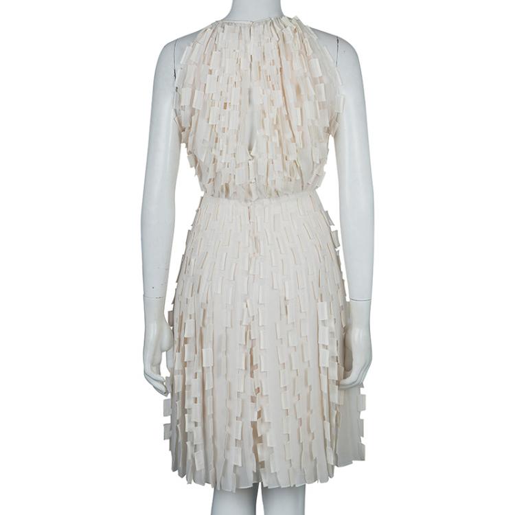 Pre Owned Oscar de la Renta Cream Silk Applique Textured Sleeveless Dress XS