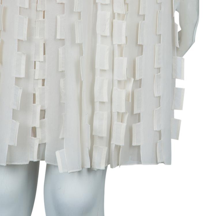 Pre Owned Oscar de la Renta Cream Silk Applique Textured Sleeveless Dress XS