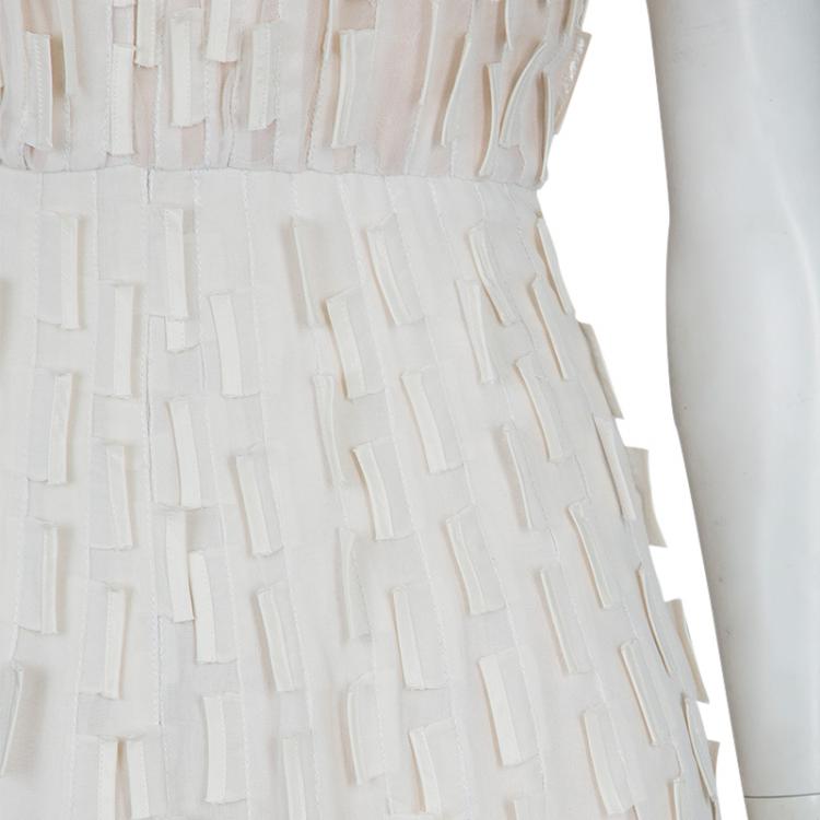 Pre Owned Oscar de la Renta Cream Silk Applique Textured Sleeveless Dress XS