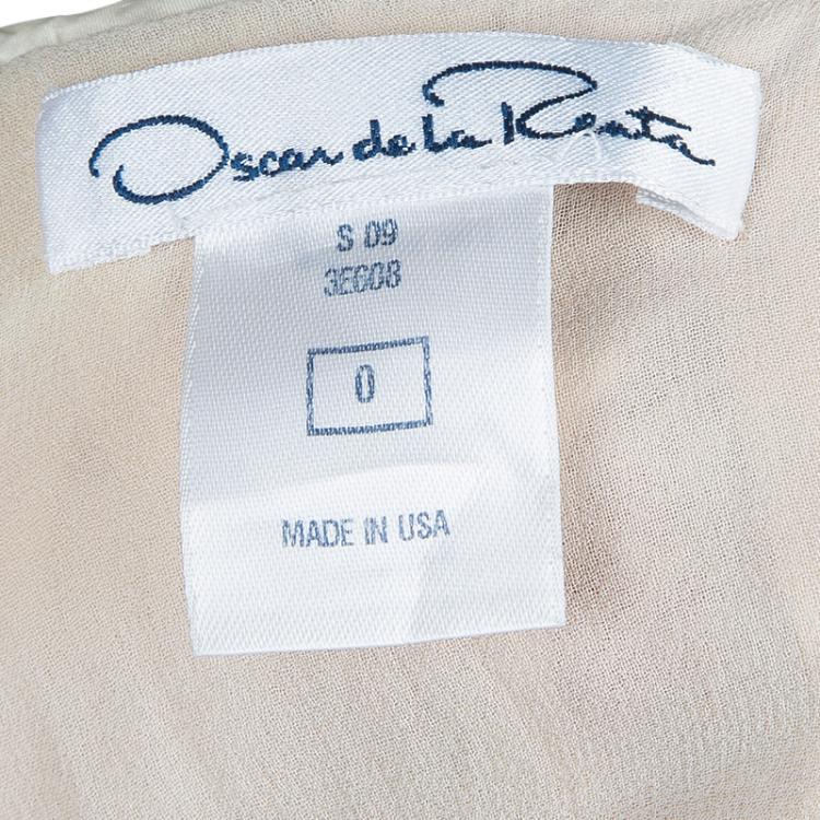 Pre Owned Oscar de la Renta Cream Silk Applique Textured Sleeveless Dress XS