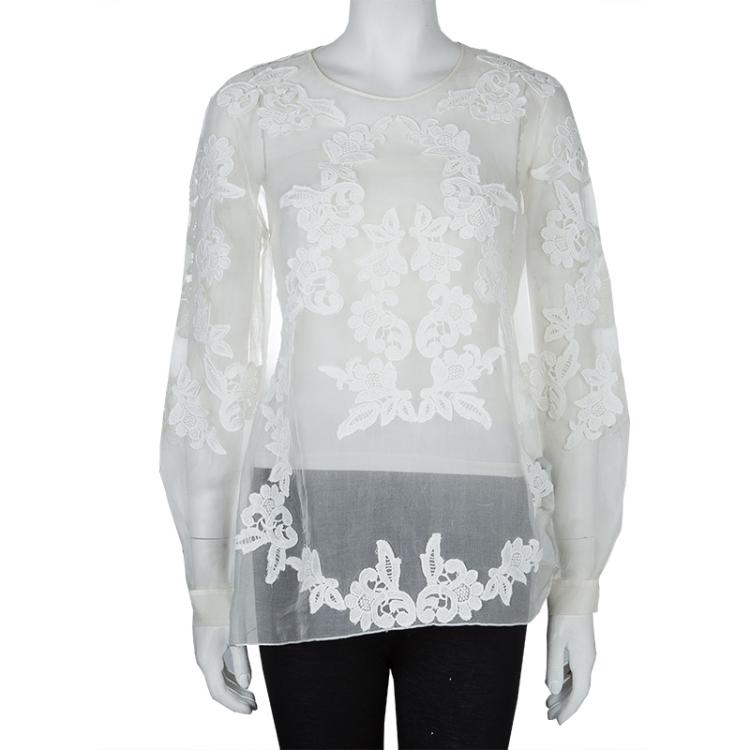 Pre Owned Oscar De La Renta White Sheer Floral Applique Top M