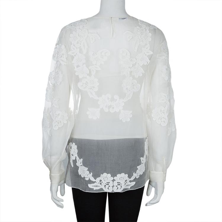 Pre Owned Oscar De La Renta White Sheer Floral Applique Top M