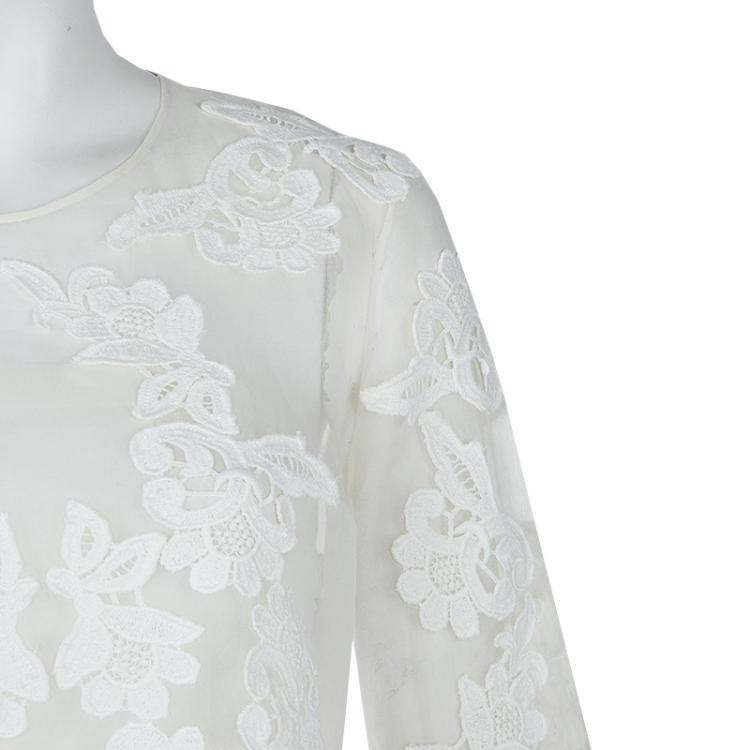 Pre Owned Oscar De La Renta White Sheer Floral Applique Top M