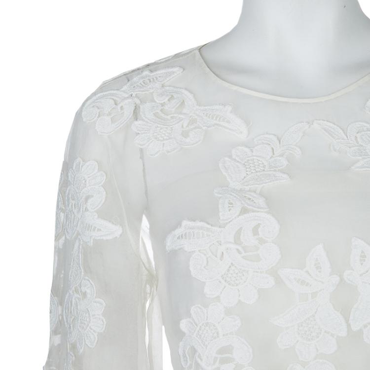 Pre Owned Oscar De La Renta White Sheer Floral Applique Top M