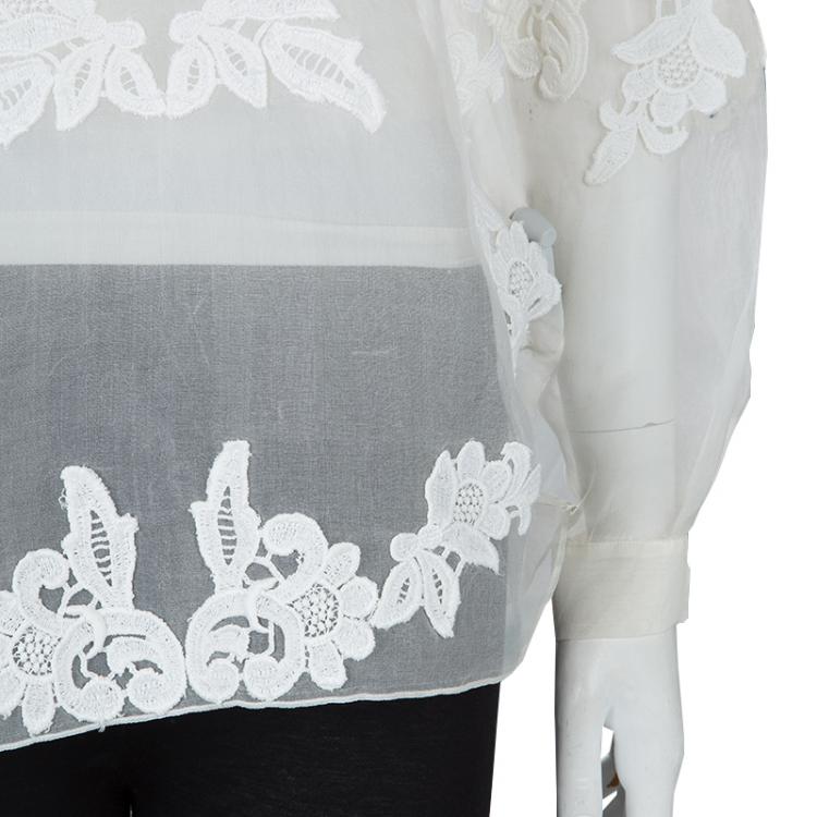 Pre Owned Oscar De La Renta White Sheer Floral Applique Top M