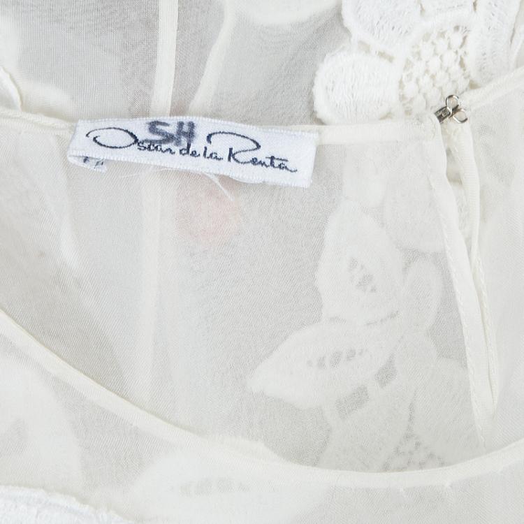Pre Owned Oscar De La Renta White Sheer Floral Applique Top M