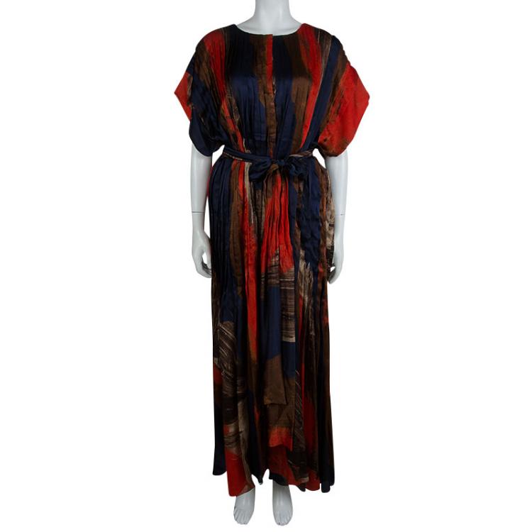 Pre Owned Oscar De La Renta Pleated Silk Belted Maxi Dress M