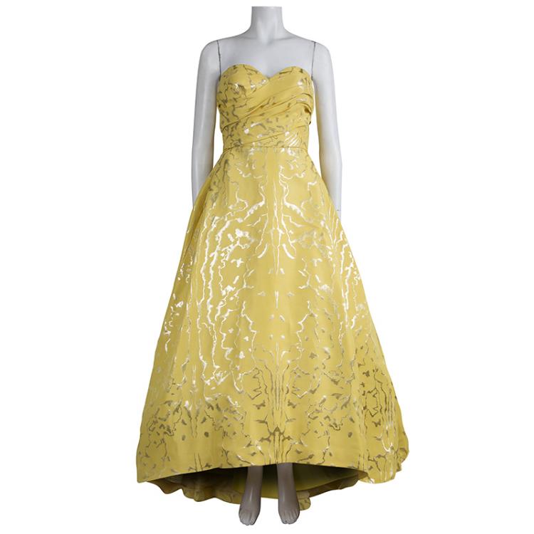 Pre Owned Oscar de la Renta Yellow Lurex Jacquard Strapless High Low Gown S