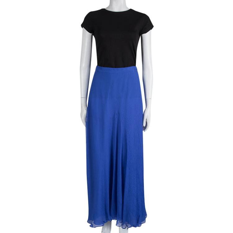 Pre Owned Oscar De La Renta Blue Silk Chiffon Flared Maxi Skirt M