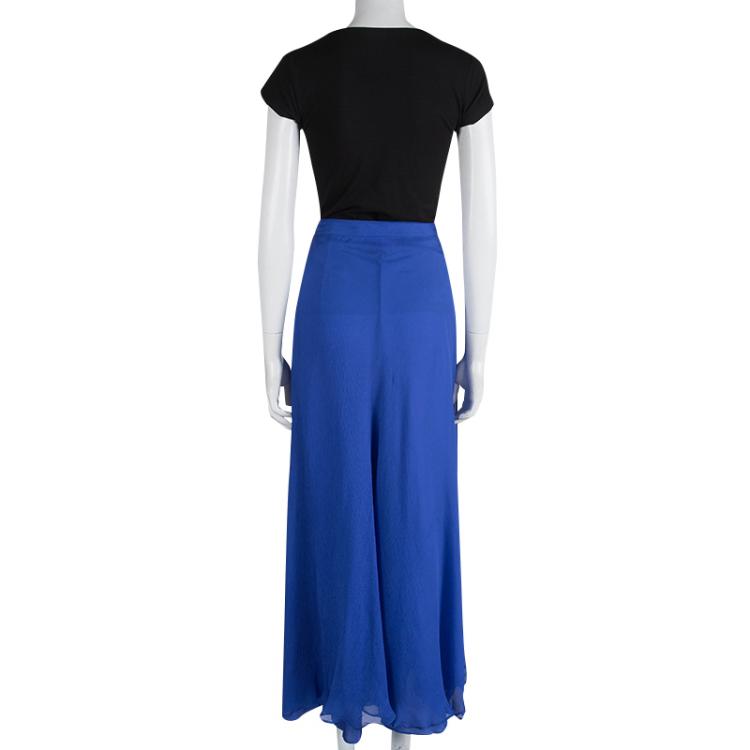 Pre Owned Oscar De La Renta Blue Silk Chiffon Flared Maxi Skirt M