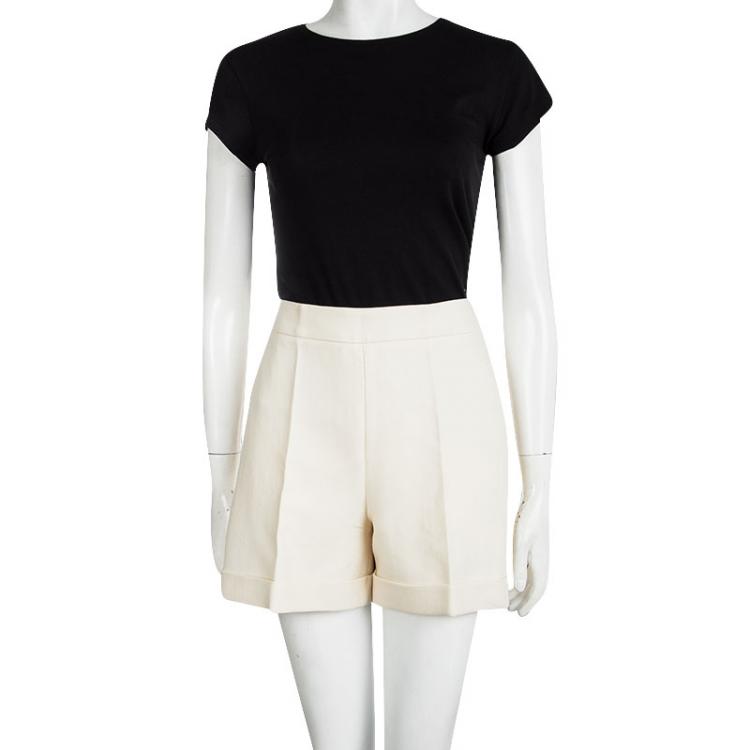 Pre Owned Oscar De La Renta Cream Wool High Waist Shorts S