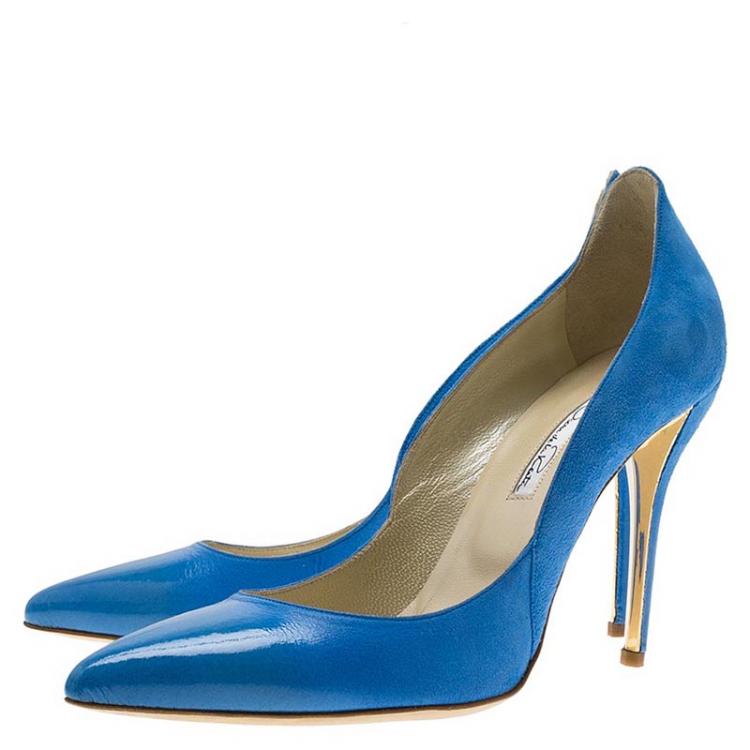 Pre Owned Oscar De La Renta Blue Leather and Suede Sabrina Pointed Toe Pumps Size 39