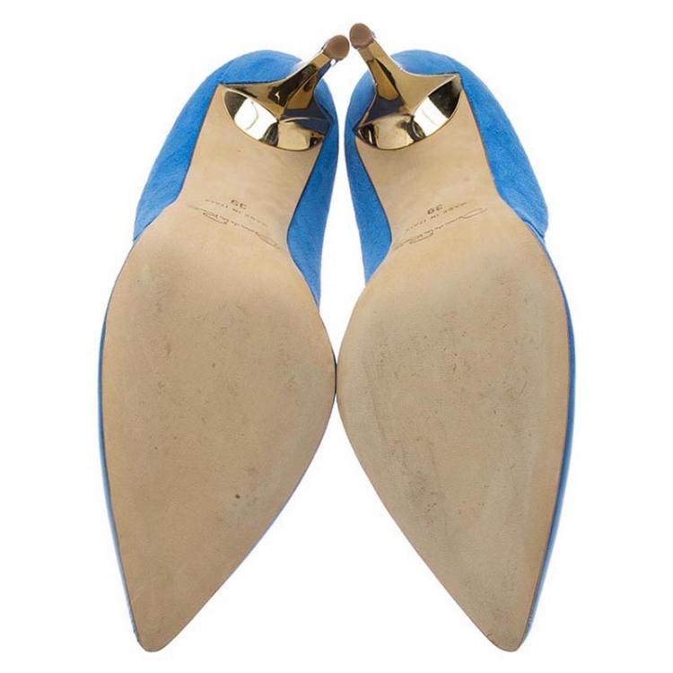 Pre Owned Oscar De La Renta Blue Leather and Suede Sabrina Pointed Toe Pumps Size 39