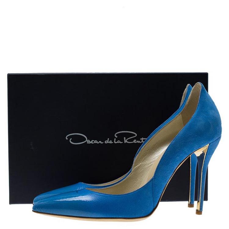 Pre Owned Oscar De La Renta Blue Leather and Suede Sabrina Pointed Toe Pumps Size 39