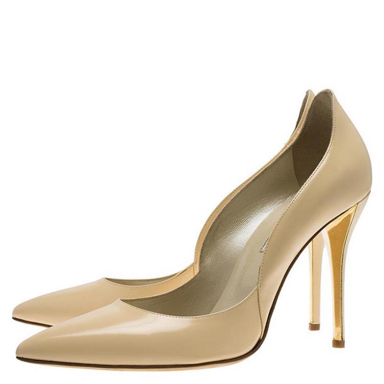 Pre Owned Oscar De La Renta Beige Patent Sabrina Pointed Toe Pumps Size 40