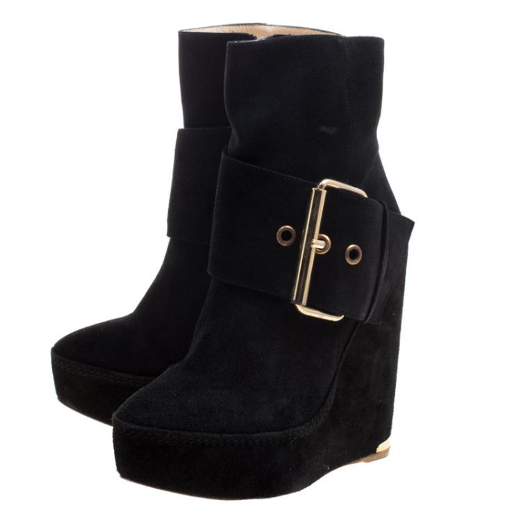 مملوكة مسبقًا Paloma Barceló Black Suede Annapurna Wedge Ankle Boots Size 37