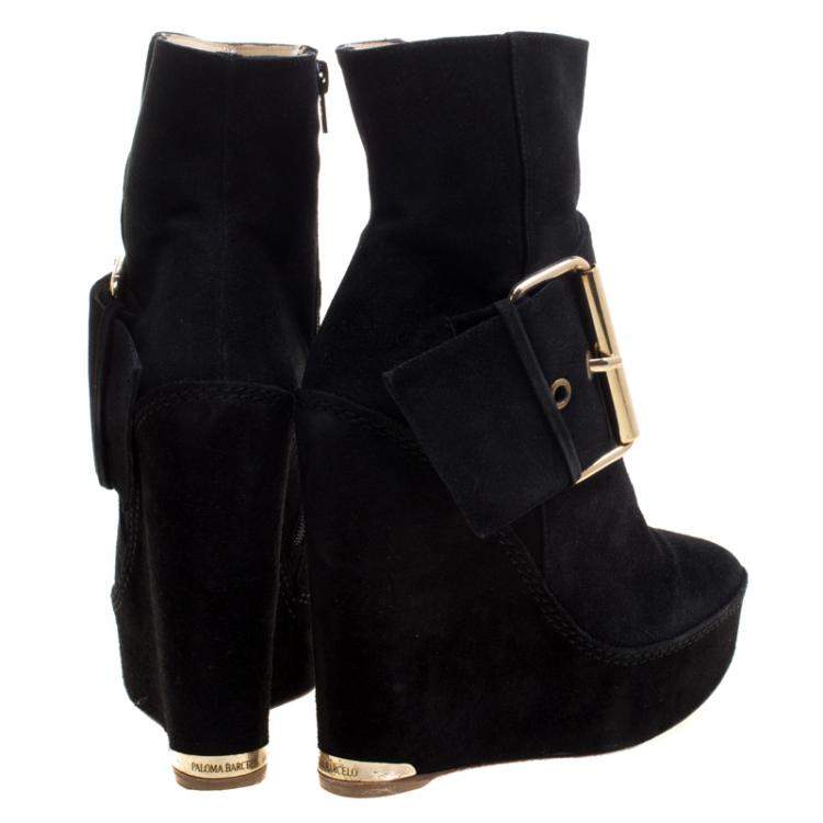 مملوكة مسبقًا Paloma Barceló Black Suede Annapurna Wedge Ankle Boots Size 37