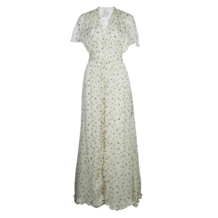 Pre Owned Paul and Joe Cream Silk Printed Ruffle Trim Gathered Maxi Dress S