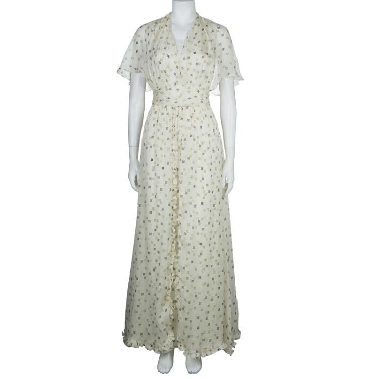 Pre Owned Paul and Joe Cream Silk Printed Ruffle Trim Gathered Maxi Dress S
