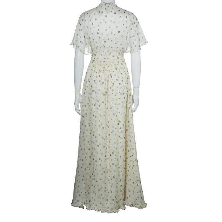 Pre Owned Paul and Joe Cream Silk Printed Ruffle Trim Gathered Maxi Dress S