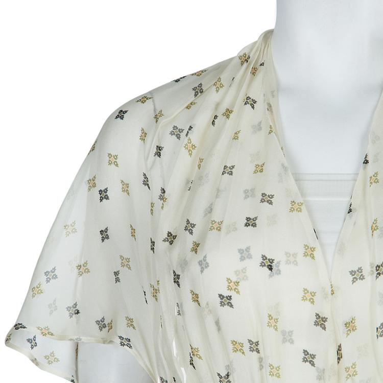 Pre Owned Paul and Joe Cream Silk Printed Ruffle Trim Gathered Maxi Dress S