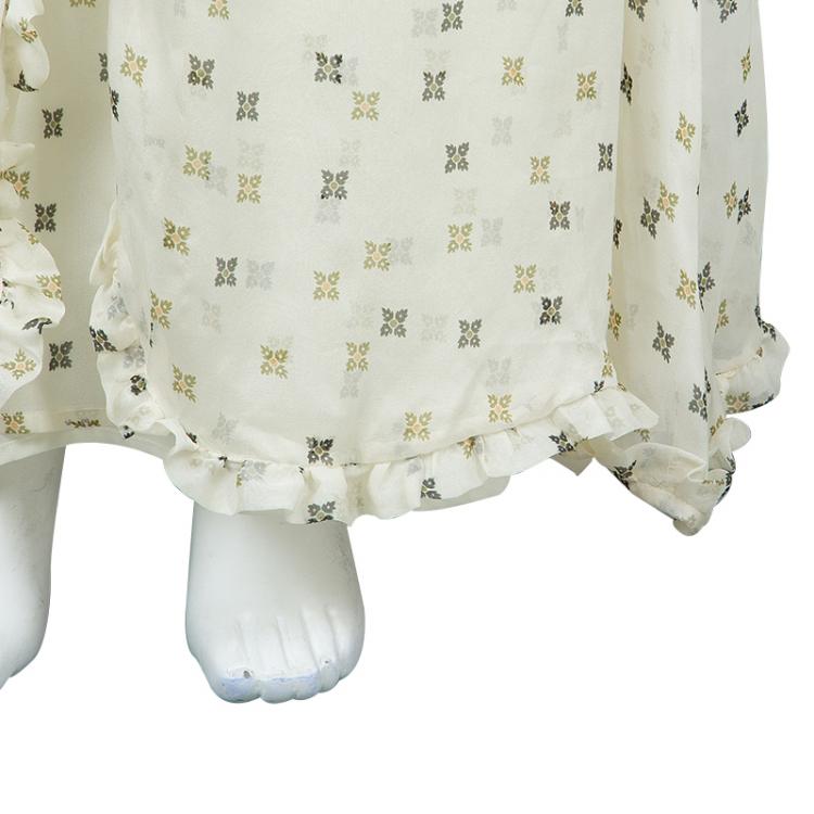 Pre Owned Paul and Joe Cream Silk Printed Ruffle Trim Gathered Maxi Dress S