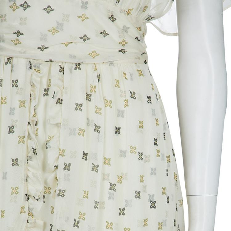 Pre Owned Paul and Joe Cream Silk Printed Ruffle Trim Gathered Maxi Dress S