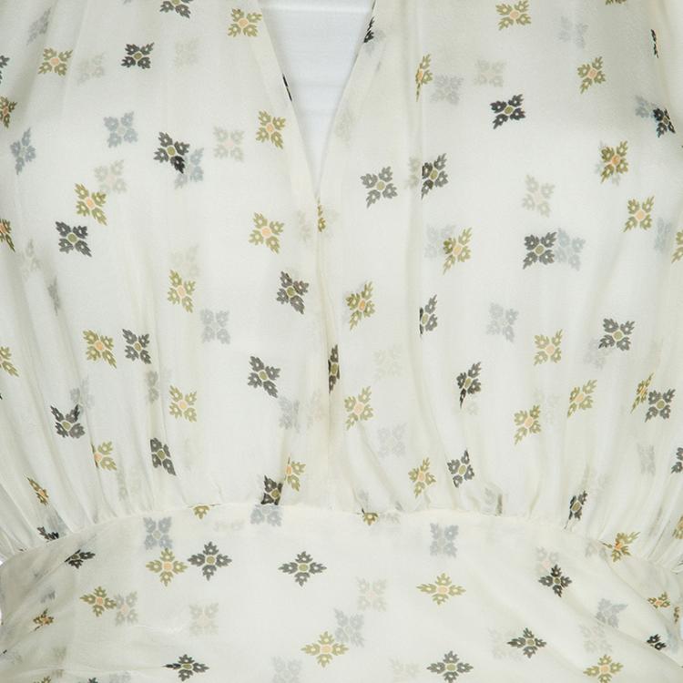 Pre Owned Paul and Joe Cream Silk Printed Ruffle Trim Gathered Maxi Dress S