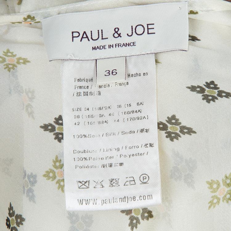 Pre Owned Paul and Joe Cream Silk Printed Ruffle Trim Gathered Maxi Dress S
