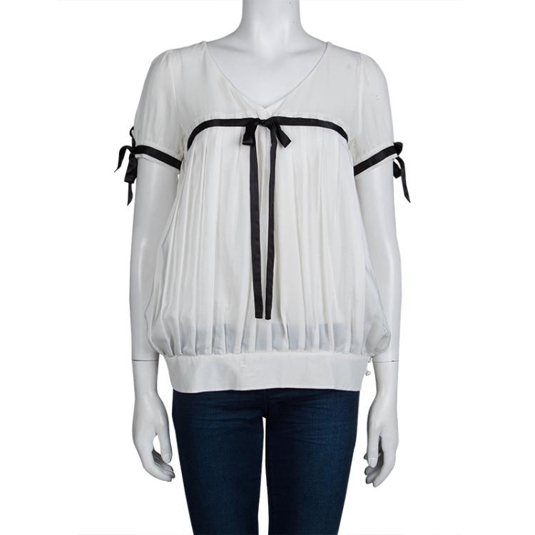 Pre Owned Paul and Joe White Silk Empire Line Short Sleeve Blouse L