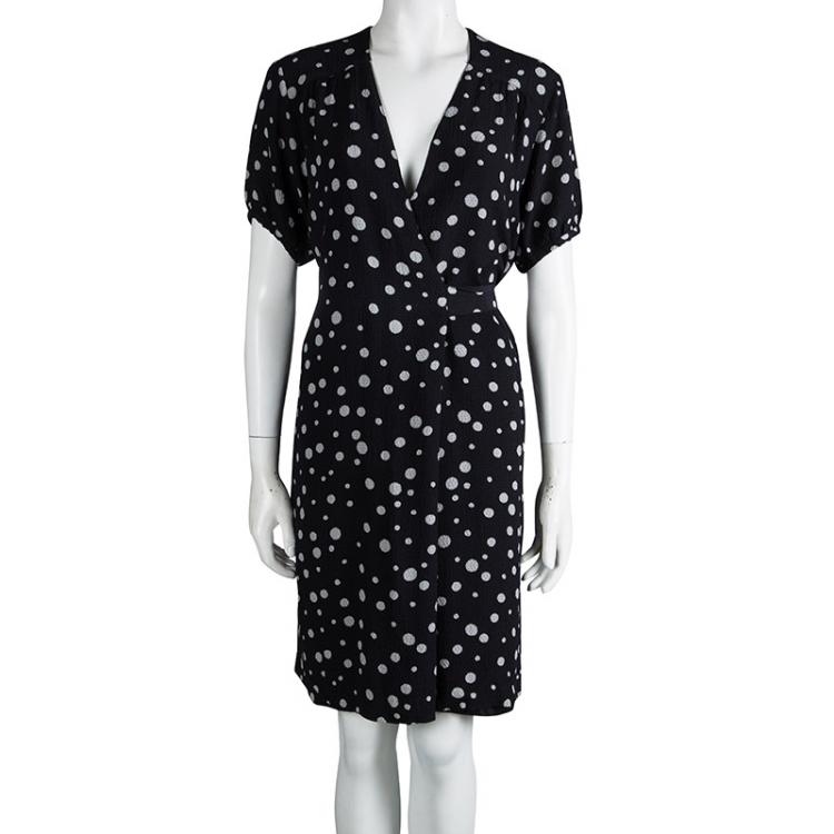 Pre Owned Paul and Joe Black Crinkled Silk Polka Dotted Wrap Dress L