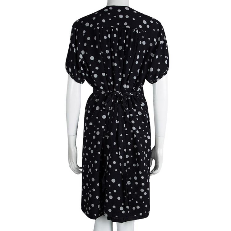 Pre Owned Paul and Joe Black Crinkled Silk Polka Dotted Wrap Dress L