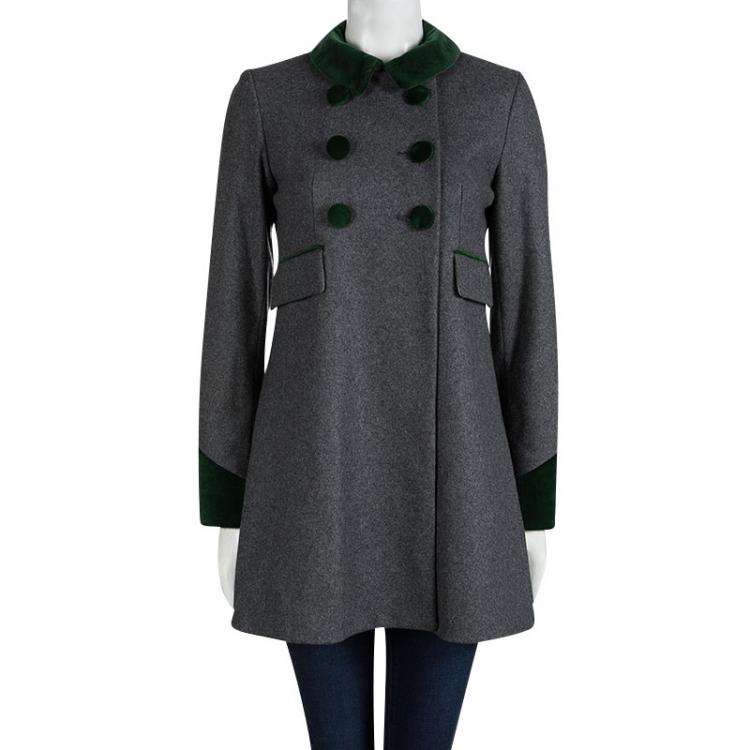Pre Owned Paul and Joe Grey Contrast Velvet Trim Double Breasted Long Coat S